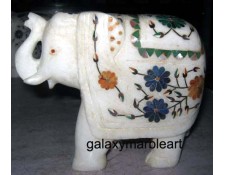 Alabaster marble stones inlaid white elephant ht 5" e-508